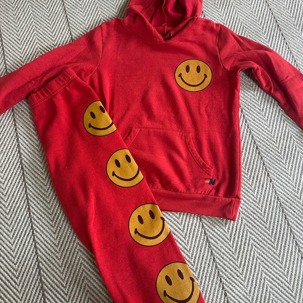 Aviator Nation Red Hoodie and Sweatpants Set with Smiley Faces